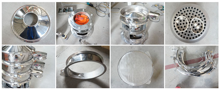 不銹鋼振動篩結構展示：防塵蓋，出料口，閘門，篩網于彈跳球，底座，振動彈簧等。