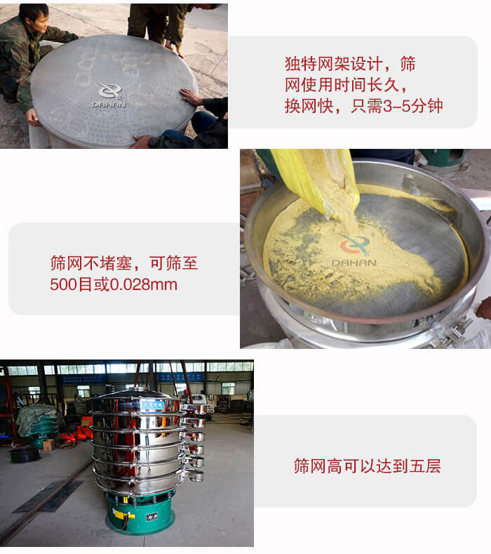 三次元振動篩的特點:篩網使用時間長換讓時間短,篩網不堵塞,可篩至500目或0.028mm。