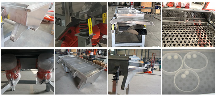 不銹鋼直線篩不同定制出料口,電機(jī),篩網(wǎng),篩箱,彈跳球等部件細(xì)節(jié)展示